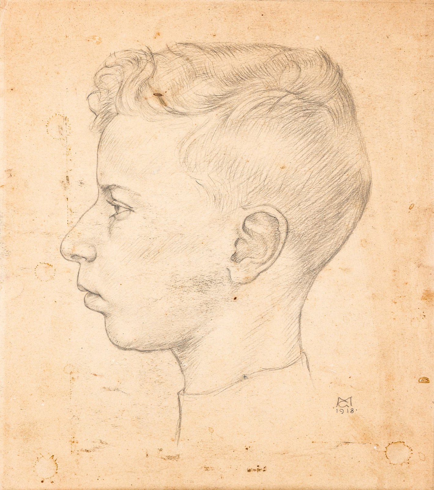 דיוקן ילדות של אחד מן האחים, הנס או הרמן, 1918 (לפי החתימה בציור) — מתוך הארכיון המשפחתי
